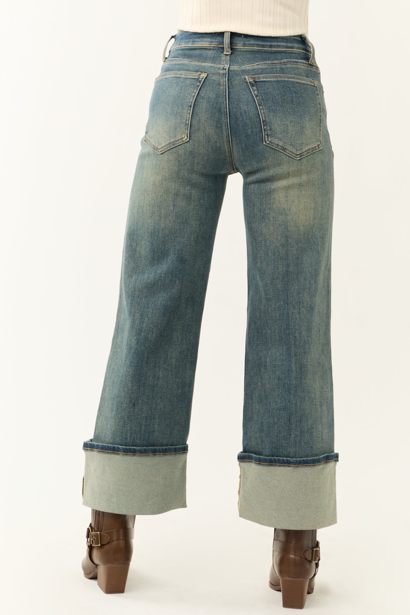 Special A Faded Medium Wash Cuffed Wide Leg Jeans