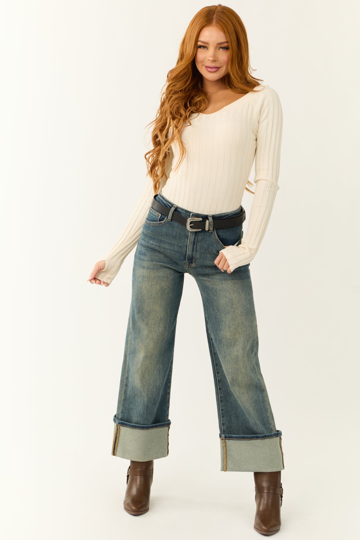 Special A Faded Medium Wash Cuffed Wide Leg Jeans