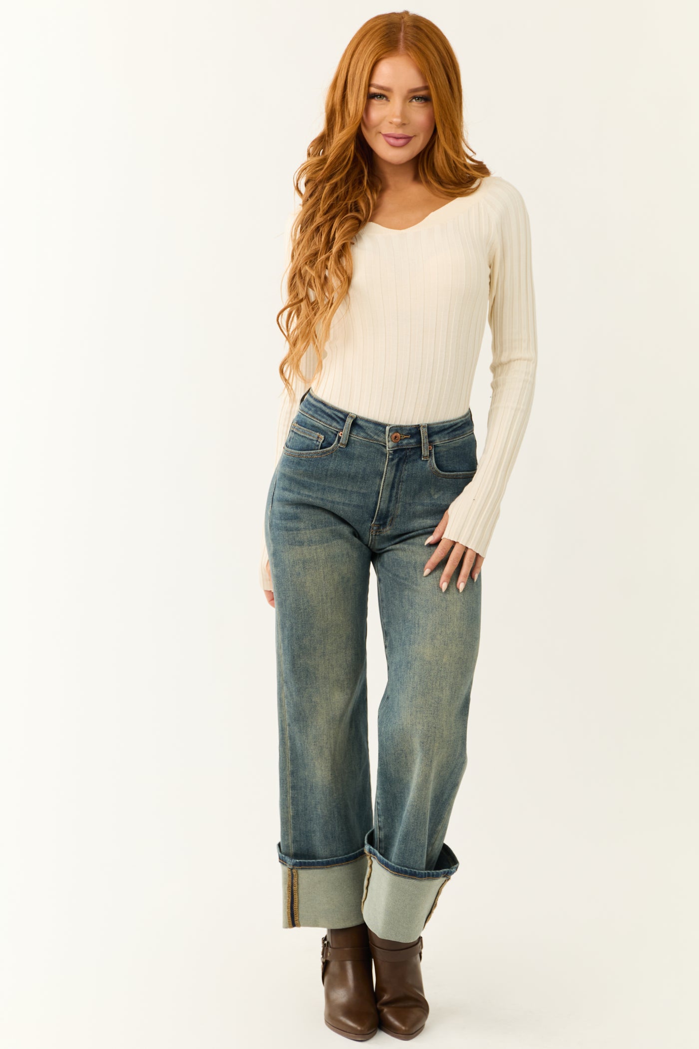 Special A Faded Medium Wash Cuffed Wide Leg Jeans