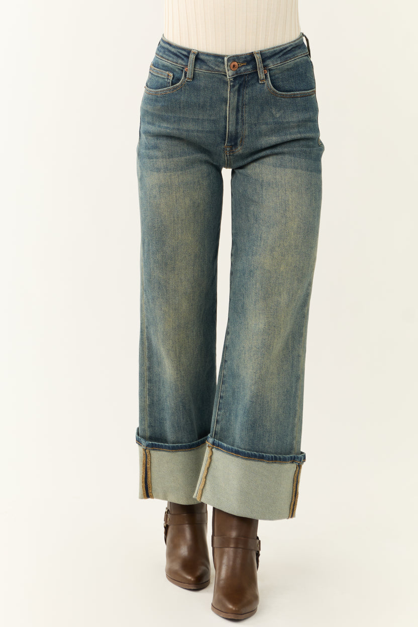 Special A Faded Medium Wash Cuffed Wide Leg Jeans