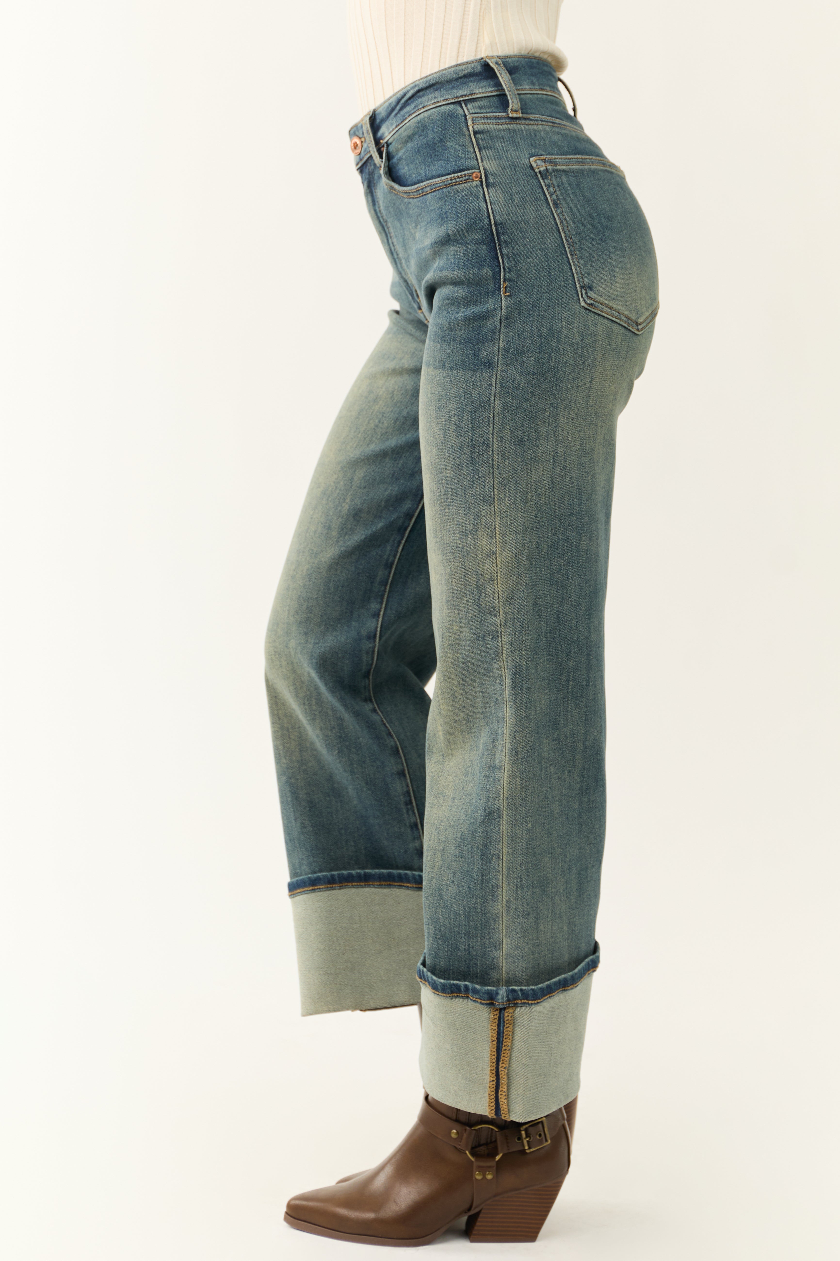 Special A Faded Medium Wash Cuffed Wide Leg Jeans