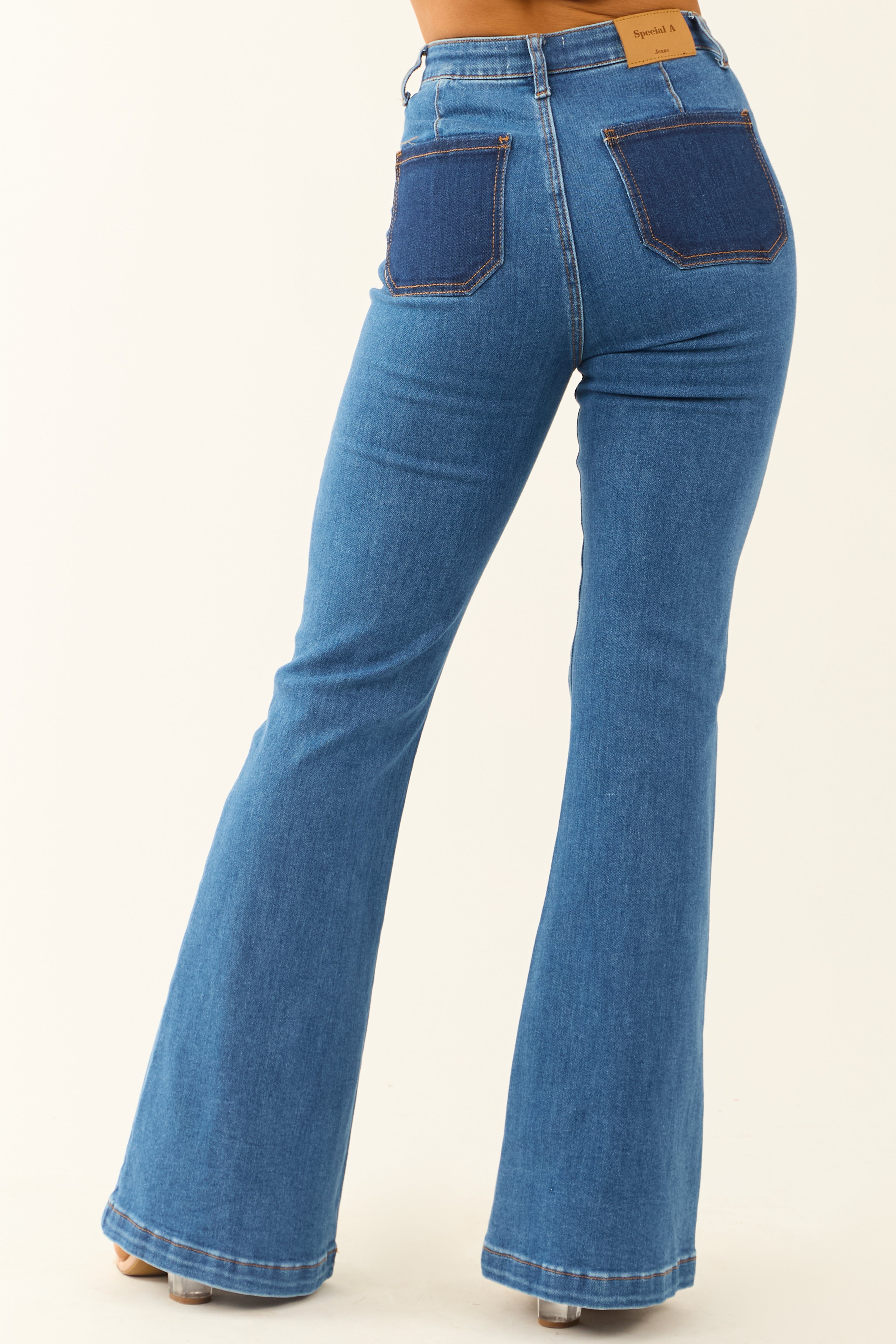 Special A Medium Dark Wash Tummy Control Flare Jeans