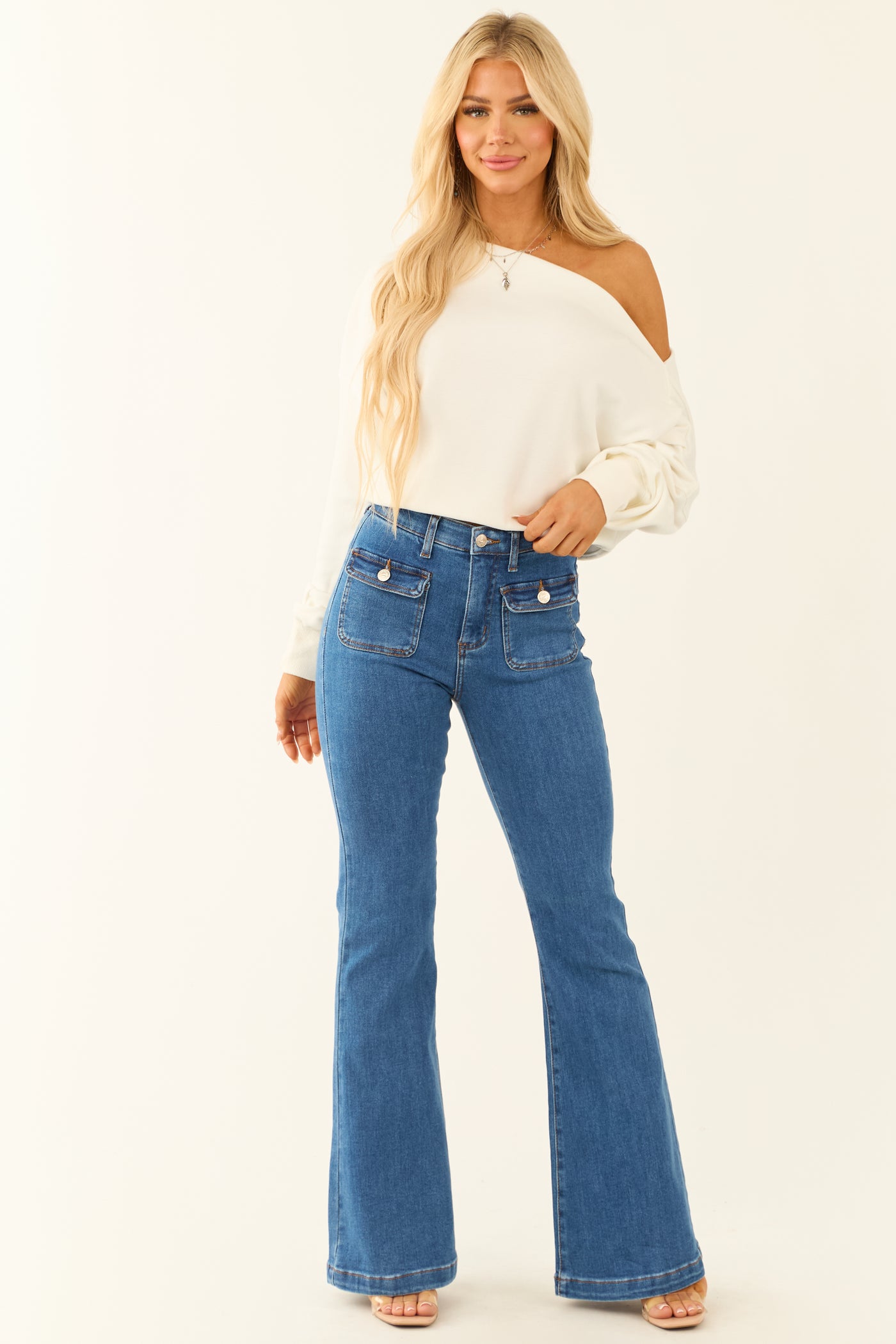 Special A Medium Dark Wash Tummy Control Flare Jeans