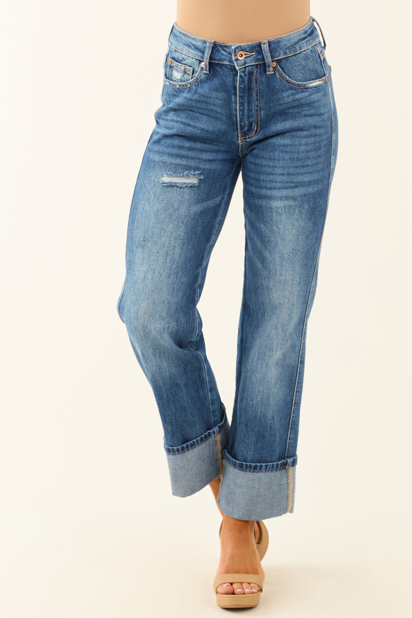 Special A Medium Wash Cuffed High Rise Dad Jeans