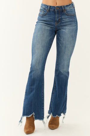 Special A Medium Wash Mid Rise Flare Cut Raw Hem Jeans