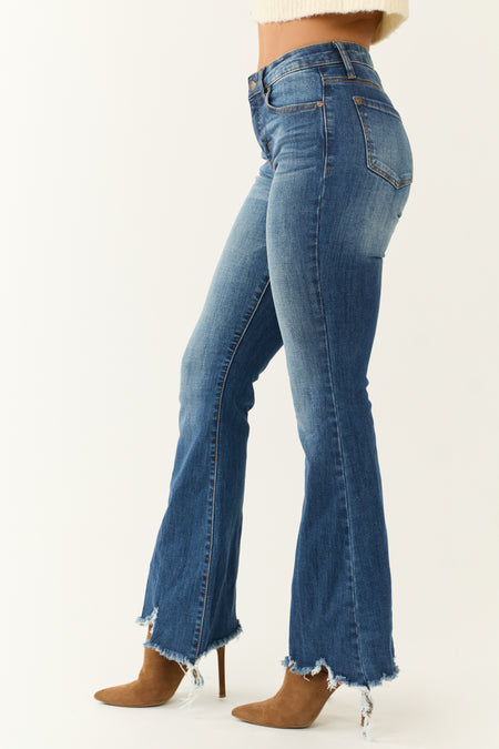 Special A Medium Wash Mid Rise Flare Cut Raw Hem Jeans