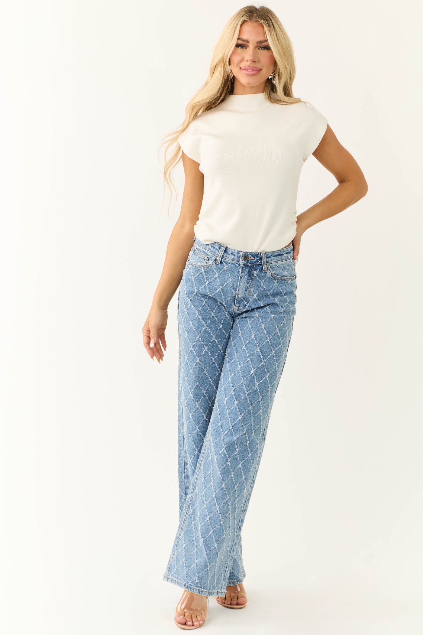 Special A Medium Wash Quilted Pattern Jeans