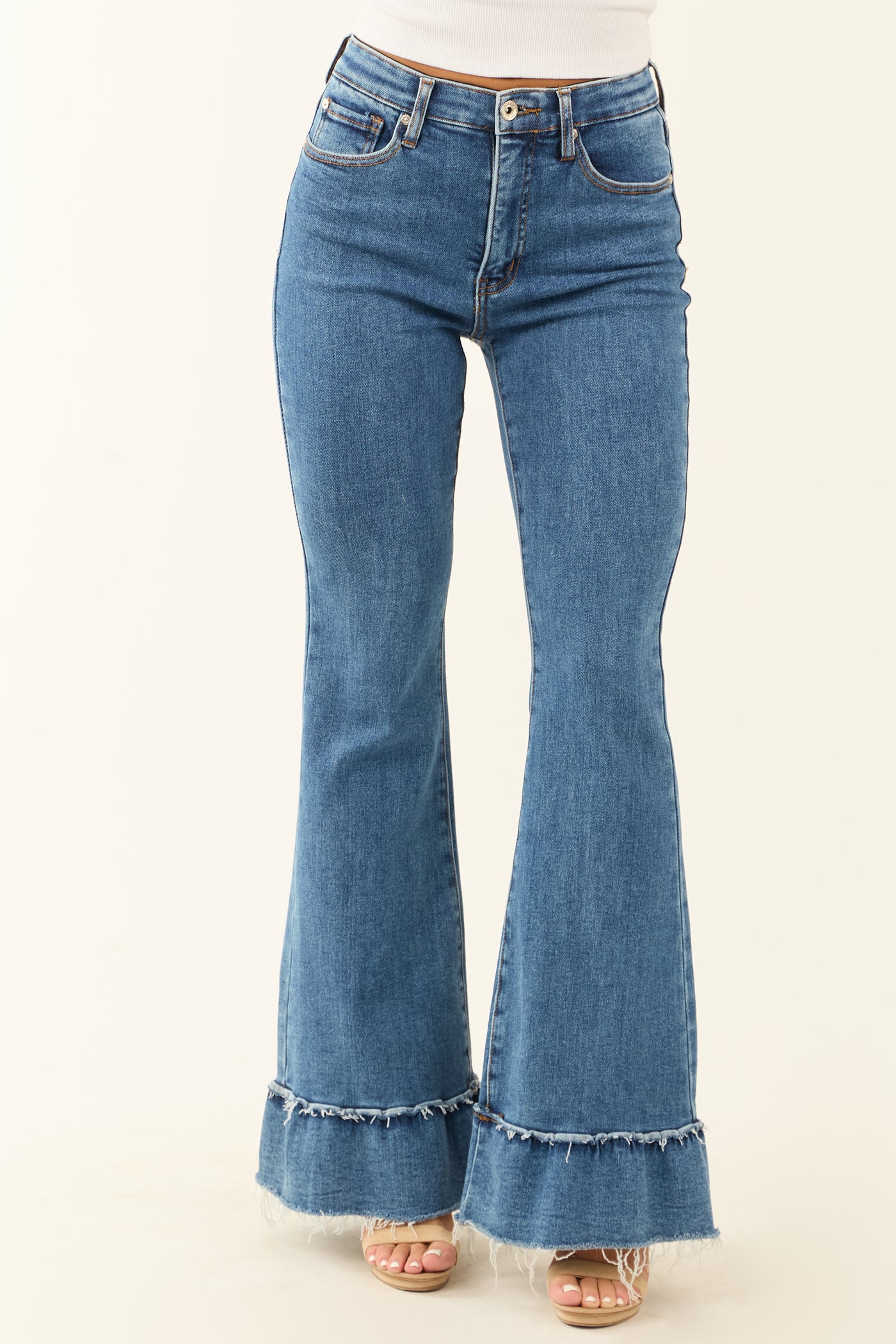 Special A Tummy Control Ruffle Flare Stretchy Jeans