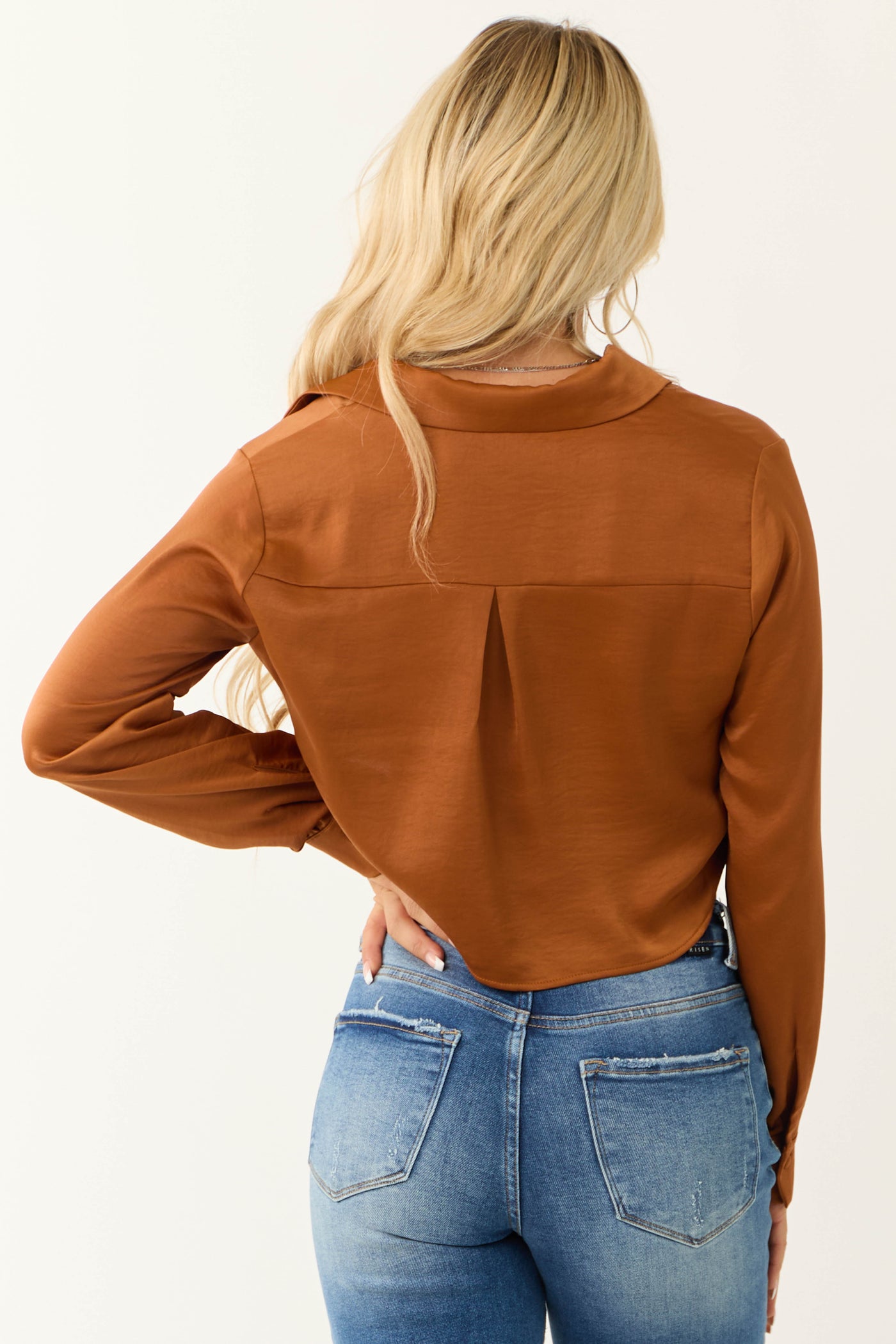 Spice Button Up Cropped Silky Long Sleeve Top