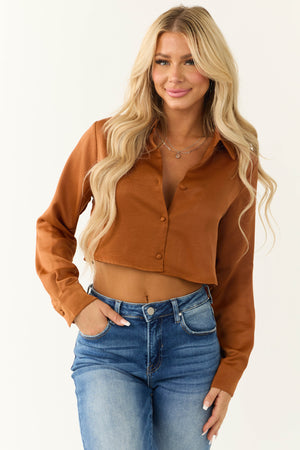 Spice Button Up Cropped Silky Long Sleeve Top