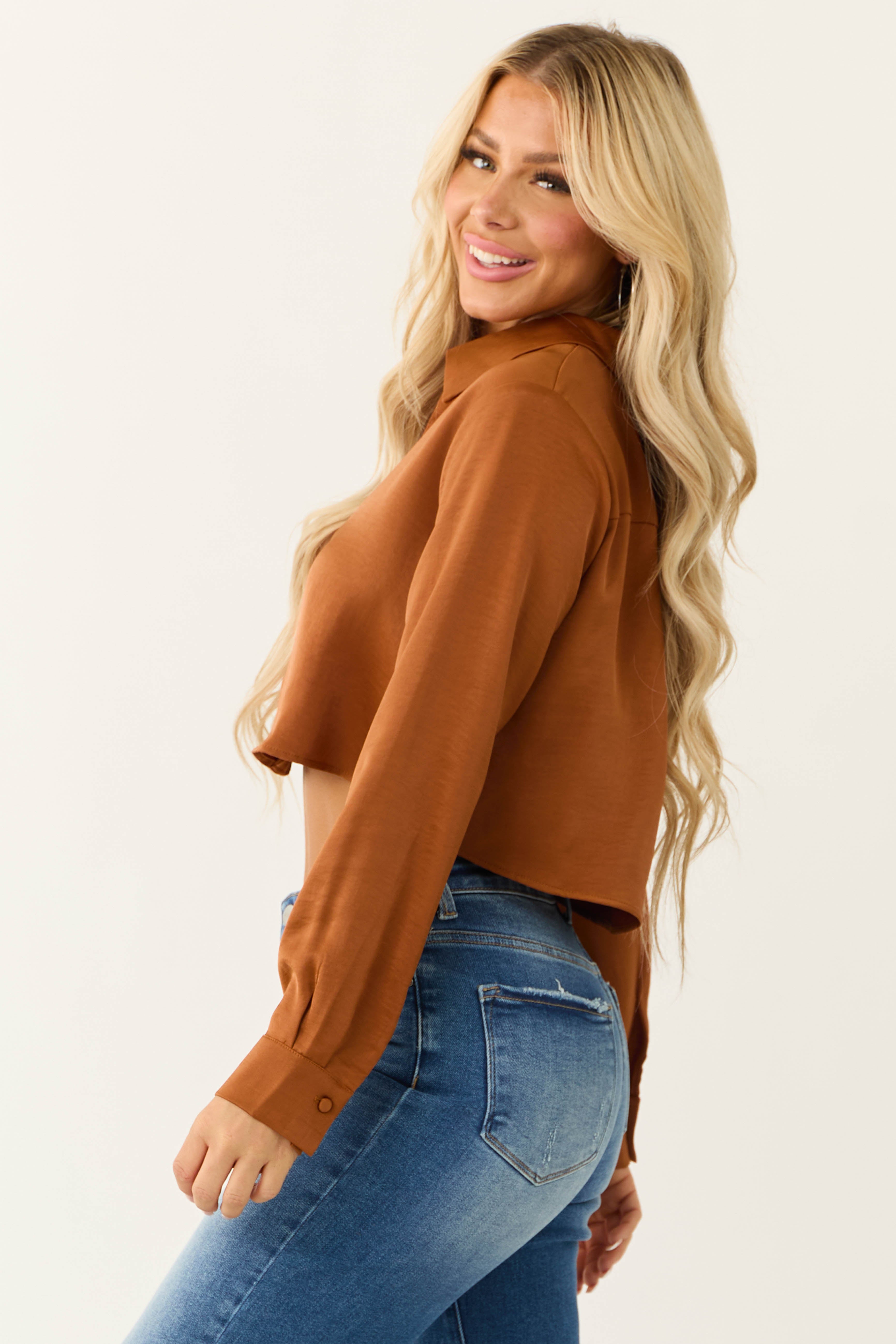 Spice Button Up Cropped Silky Long Sleeve Top