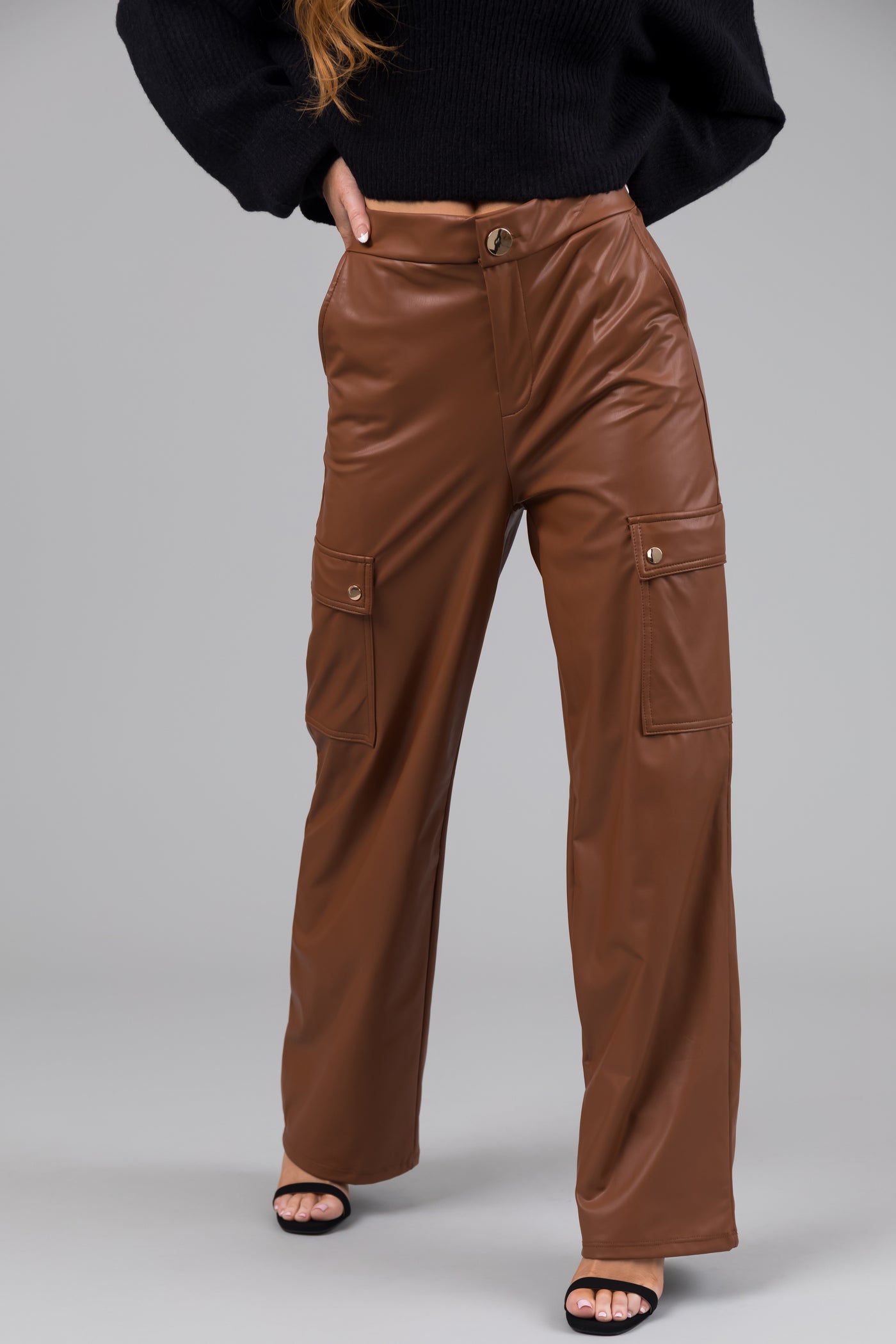 Faux Leather Straight Leg Cargo Pants