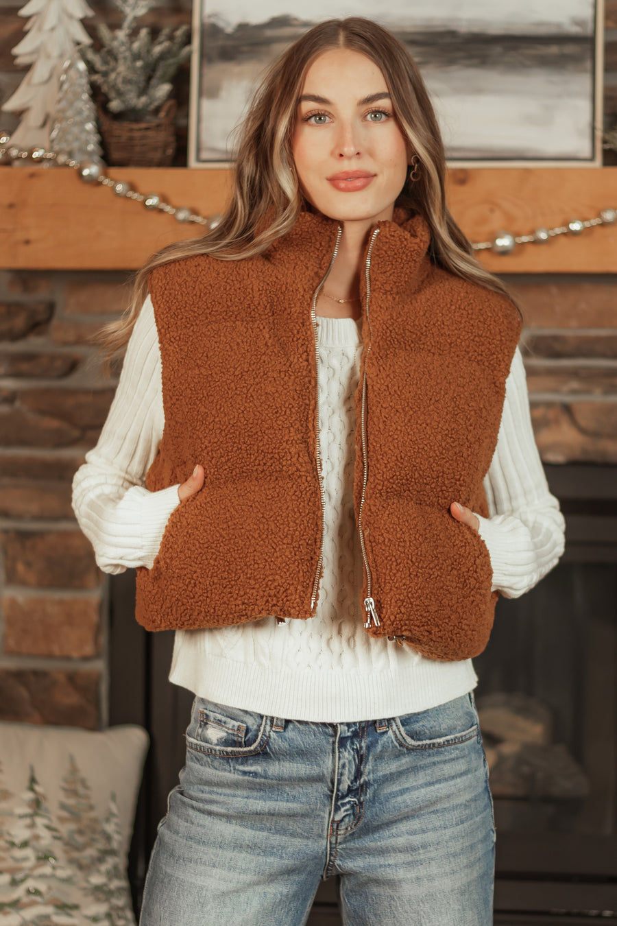 Spice Sherpa Zip Up Collared Puffer Vest