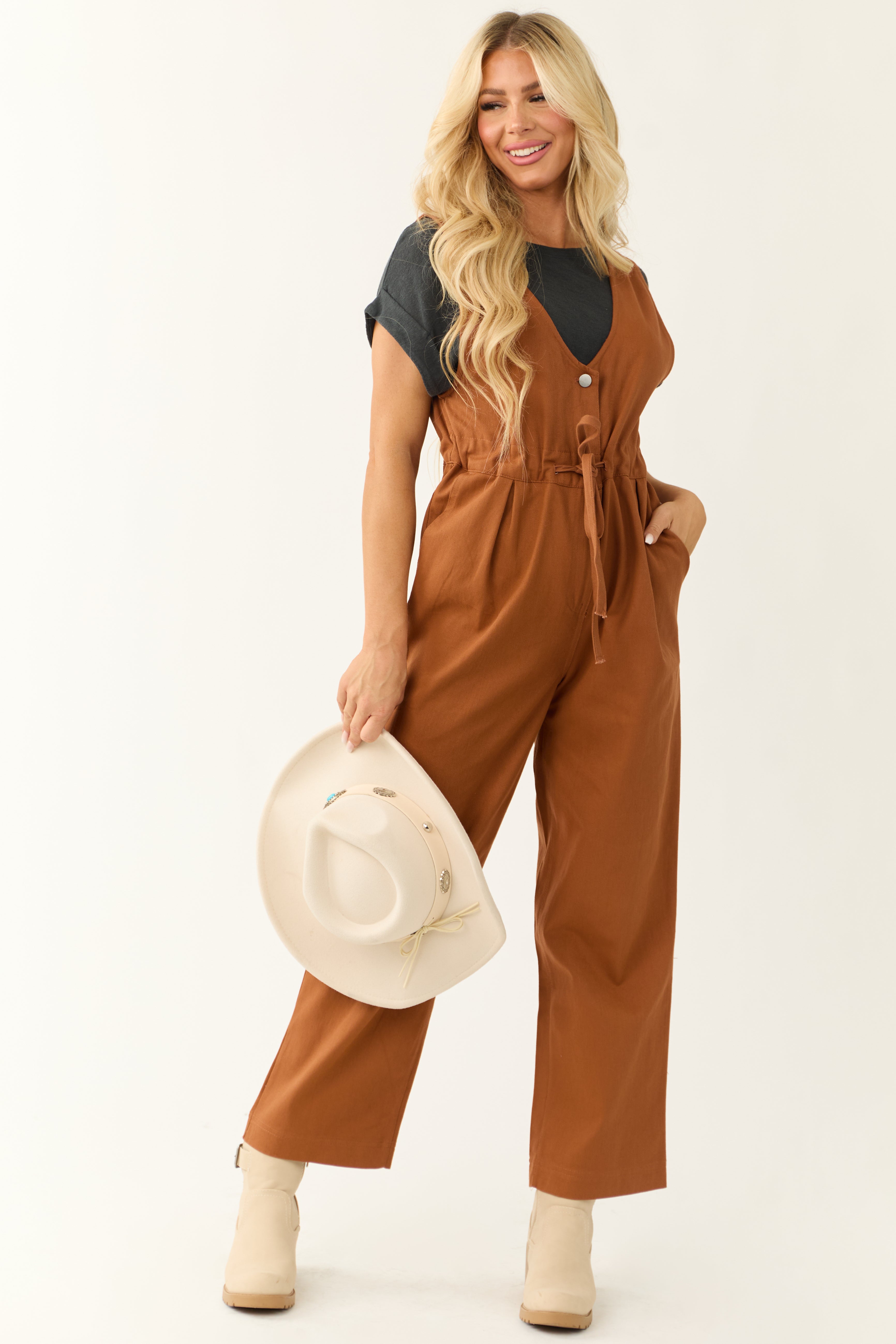 Spice Sleeveless Deep V Neck Denim Jumpsuit