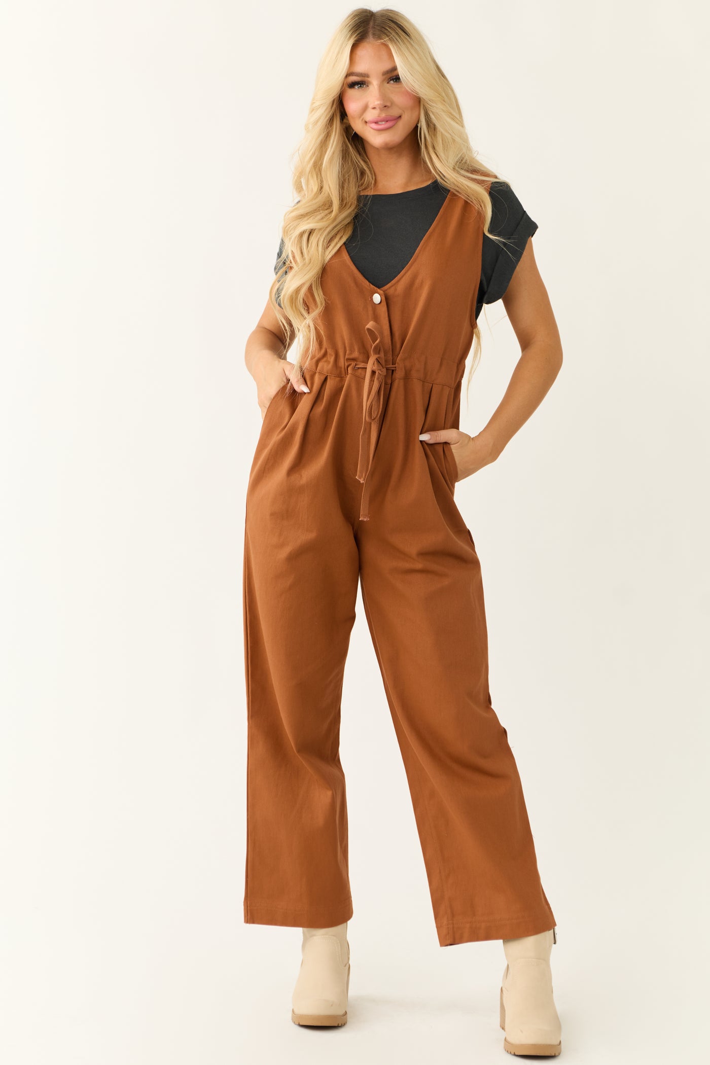 Spice Sleeveless Deep V Neck Denim Jumpsuit