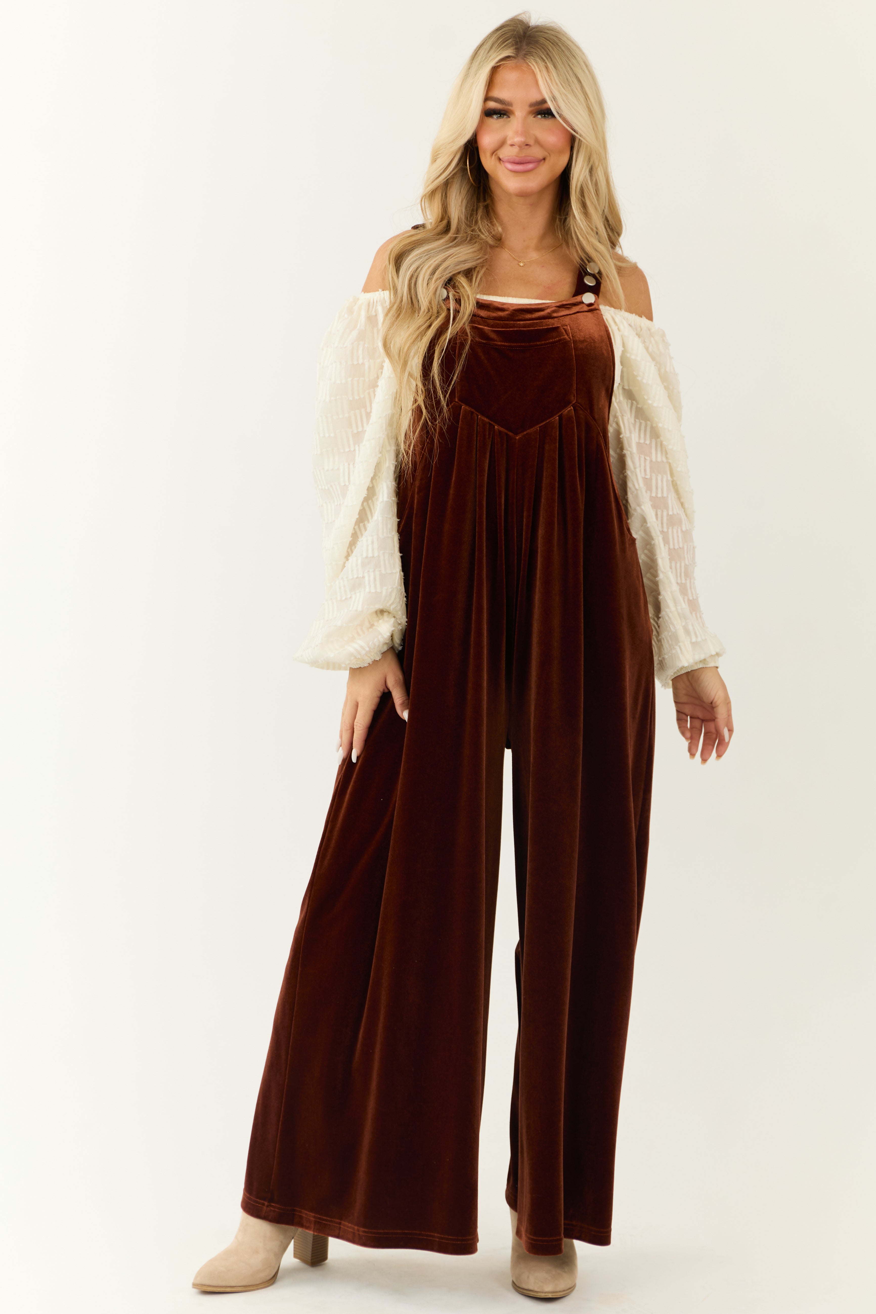 Spice Velvet Wide Leg Overall Jumpsuit