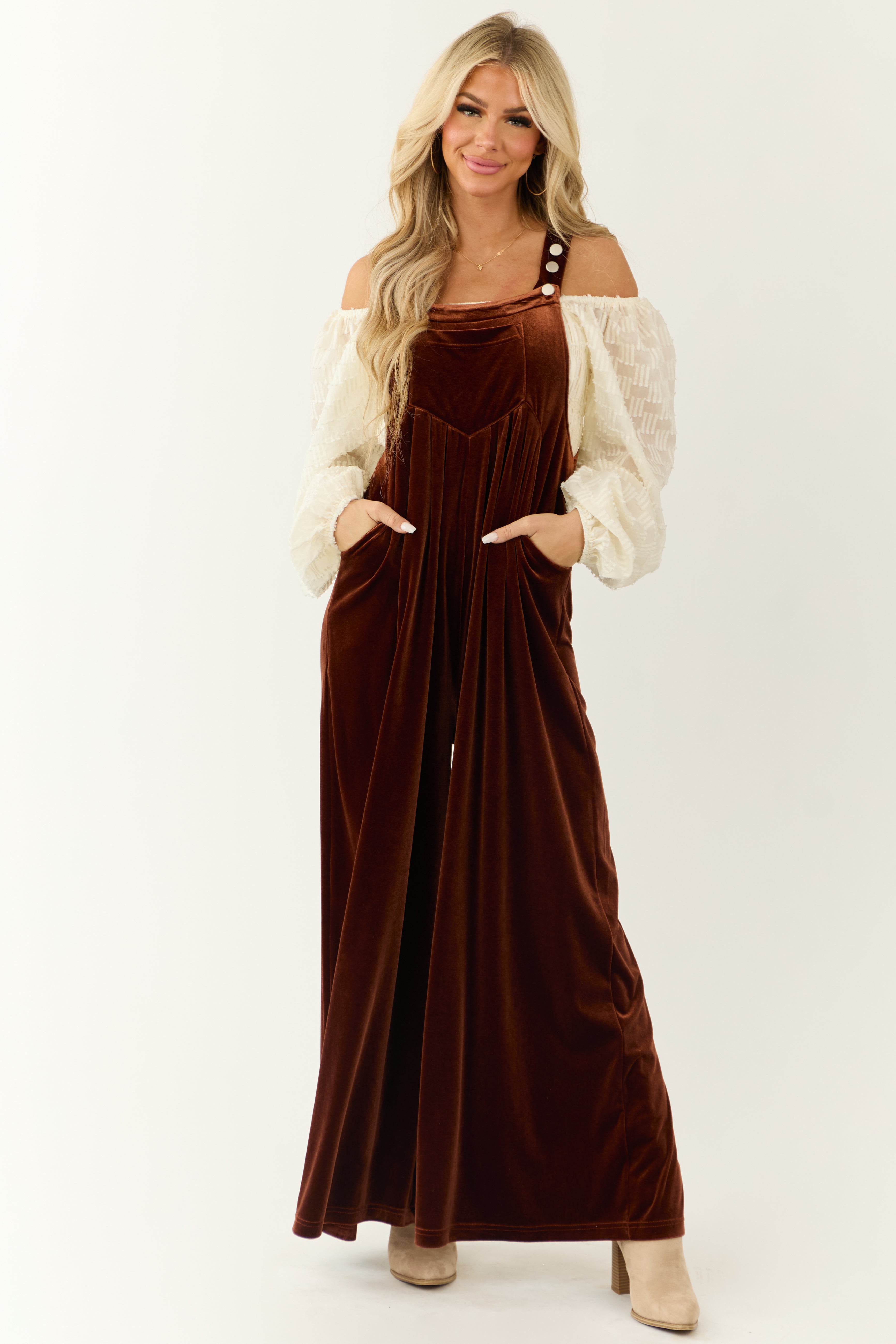 Spice Velvet Wide Leg Overall Jumpsuit