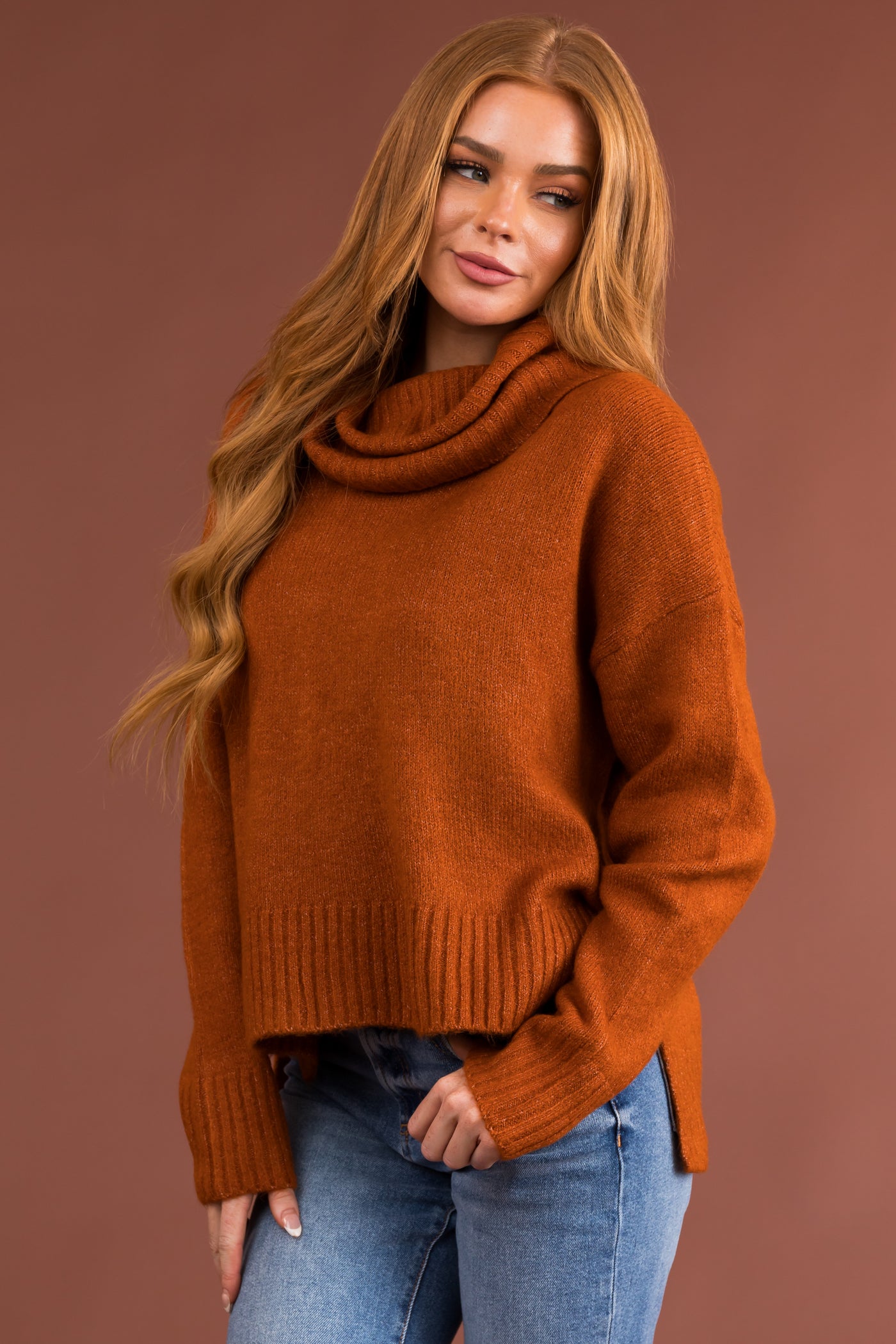 Spice Wide Turtleneck Side Slit Sweater