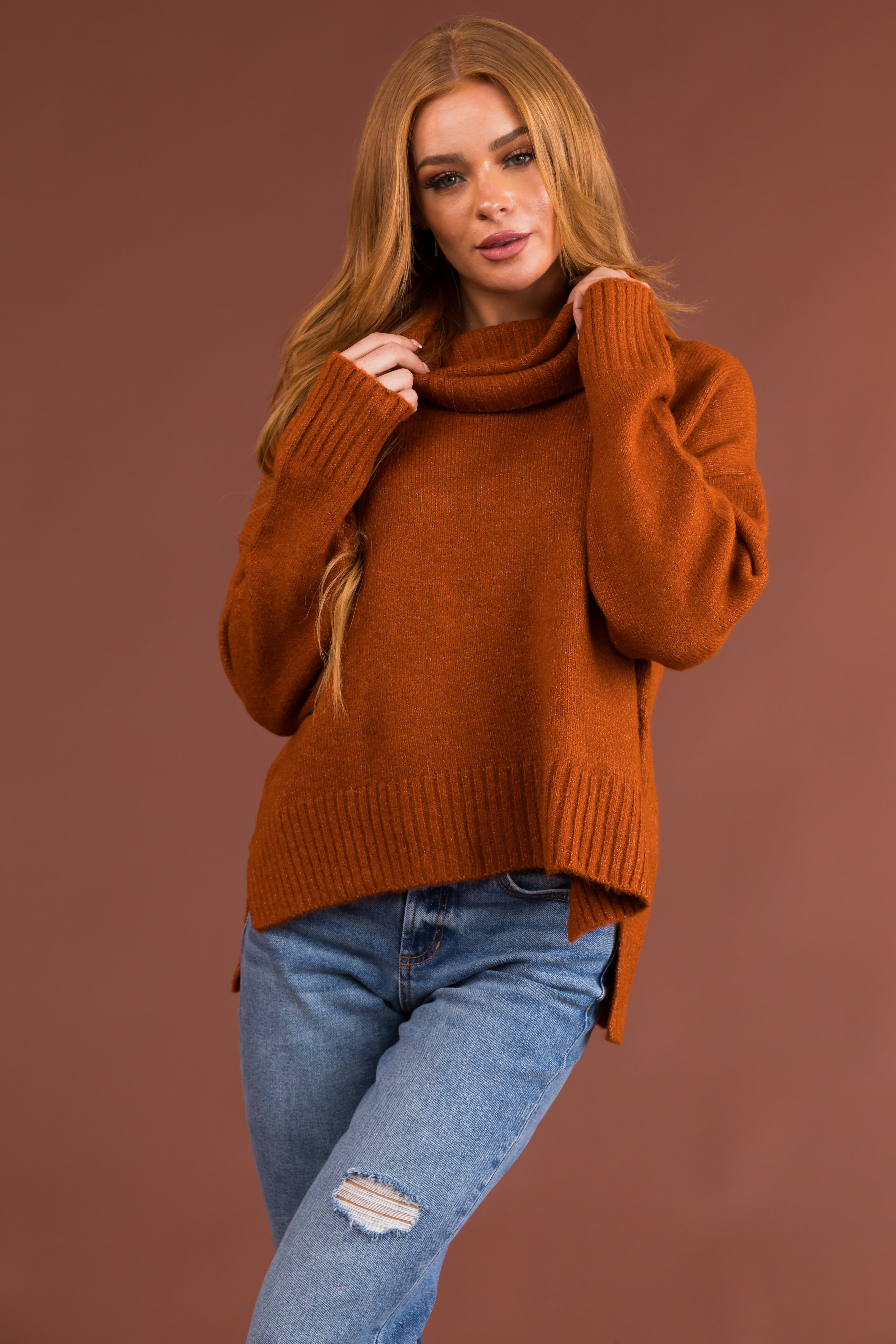 Spice Wide Turtleneck Side Slit Sweater