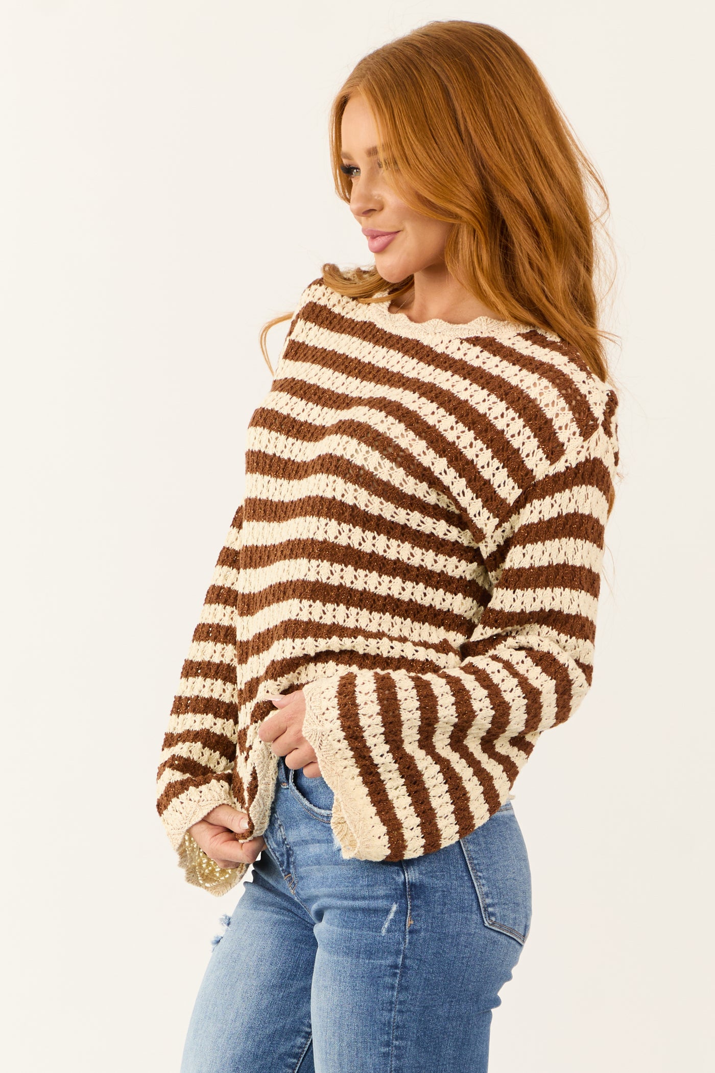 Spice and Cream Striped Open Knit Sweater