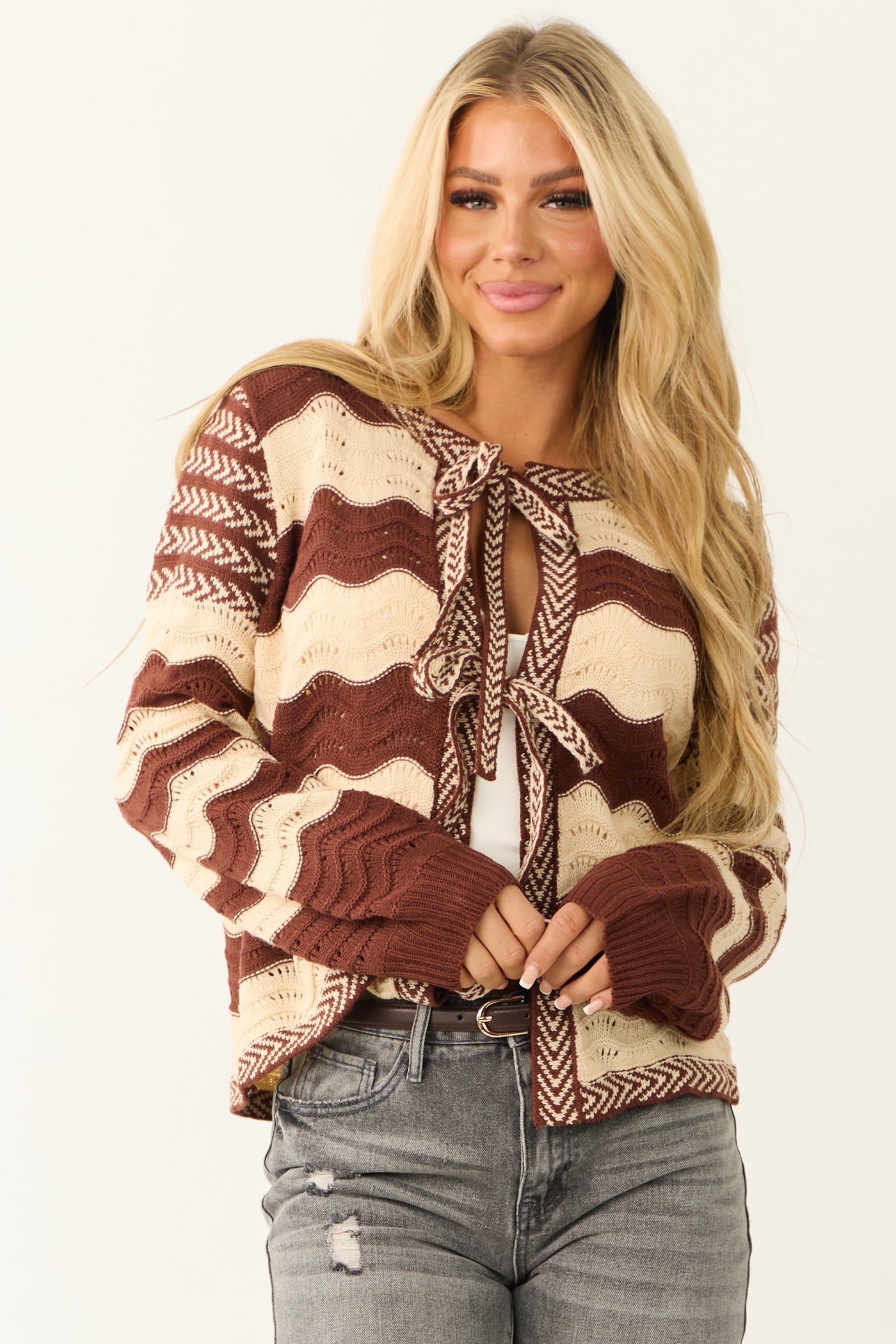 Spice and Cream Wavy Striped Front Tie Cardigan