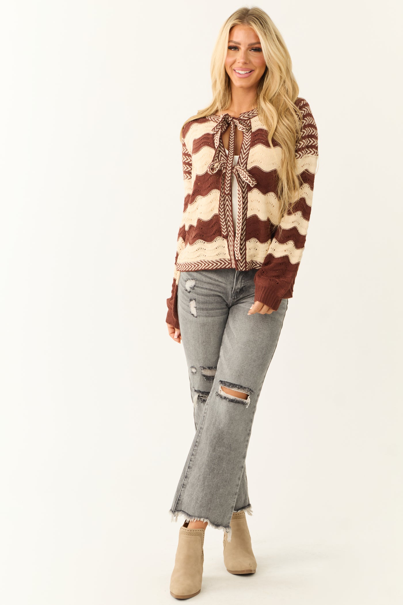 Spice and Cream Wavy Striped Front Tie Cardigan