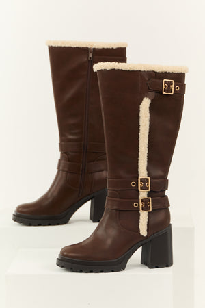 Spice Faux Leather Sherpa Lined Tall Platform Boots