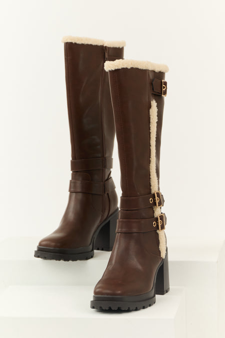 Spice Faux Leather Sherpa Lined Tall Platform Boots