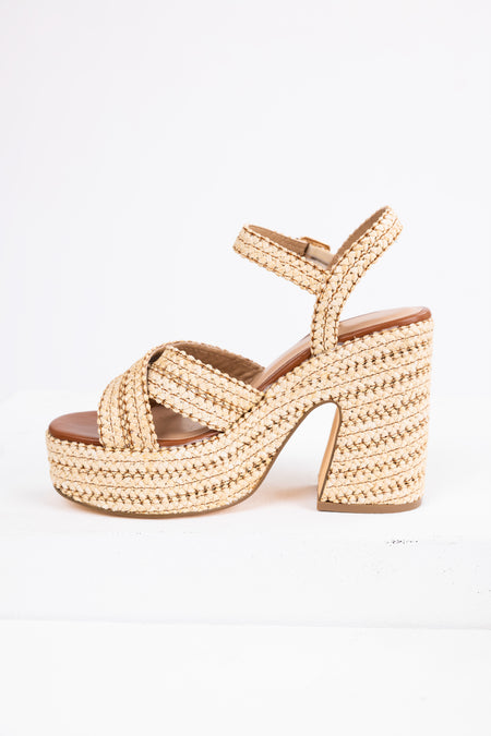 Spice Natural Raffia Cross Strap Platform Heels