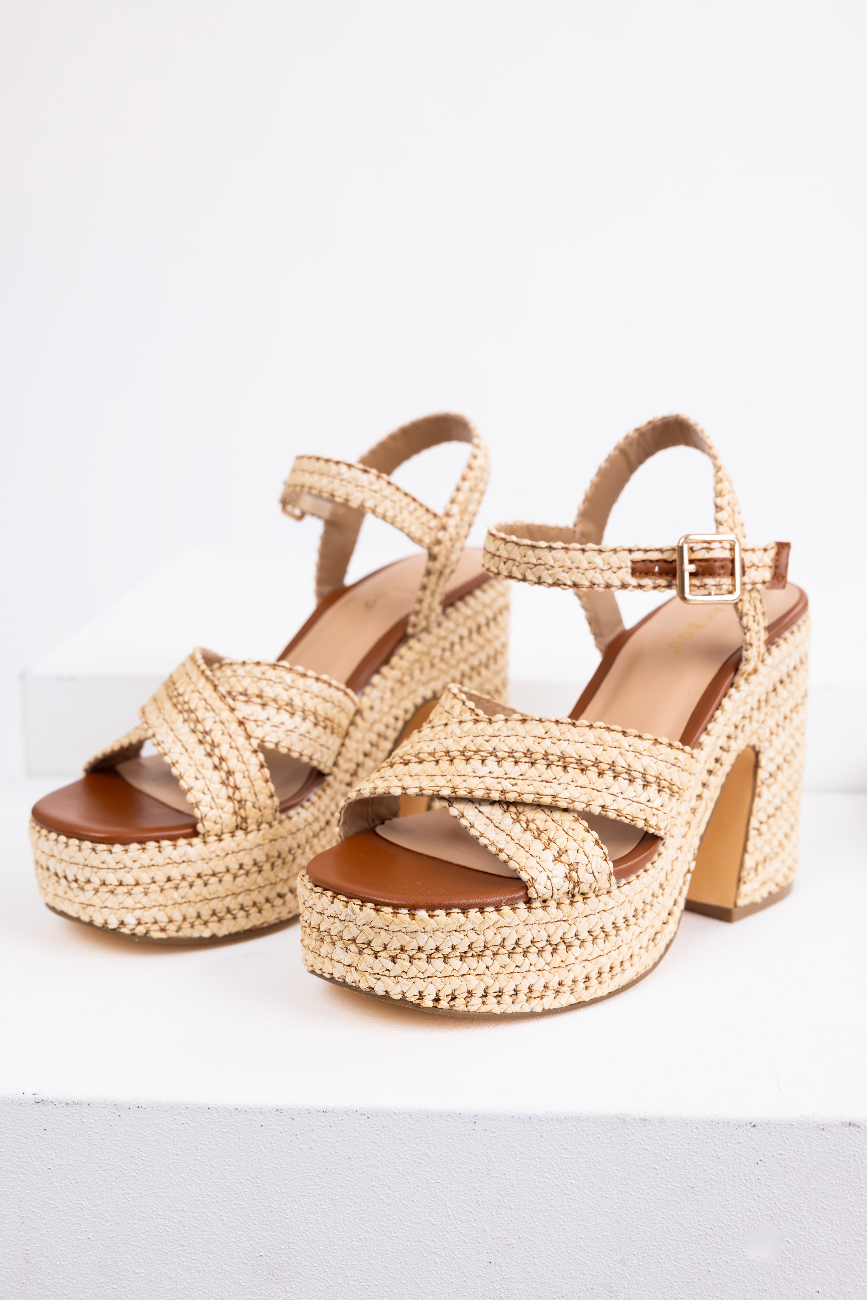 Spice Natural Raffia Cross Strap Platform Heels