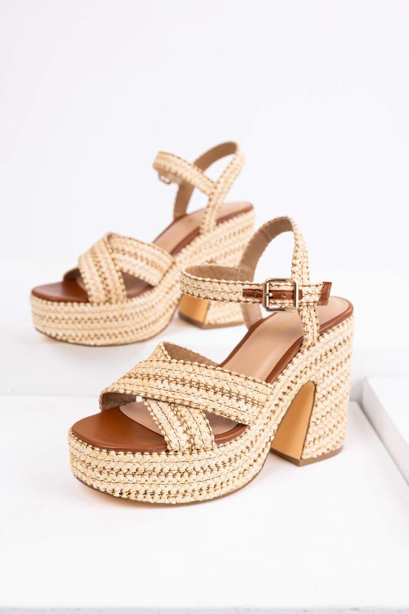 Spice Natural Raffia Cross Strap Platform Heels