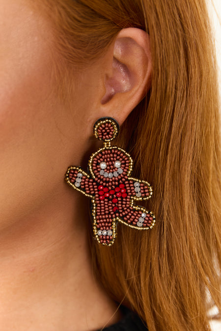 Spice Seed Bead Gingerbread Man Drop Earrings