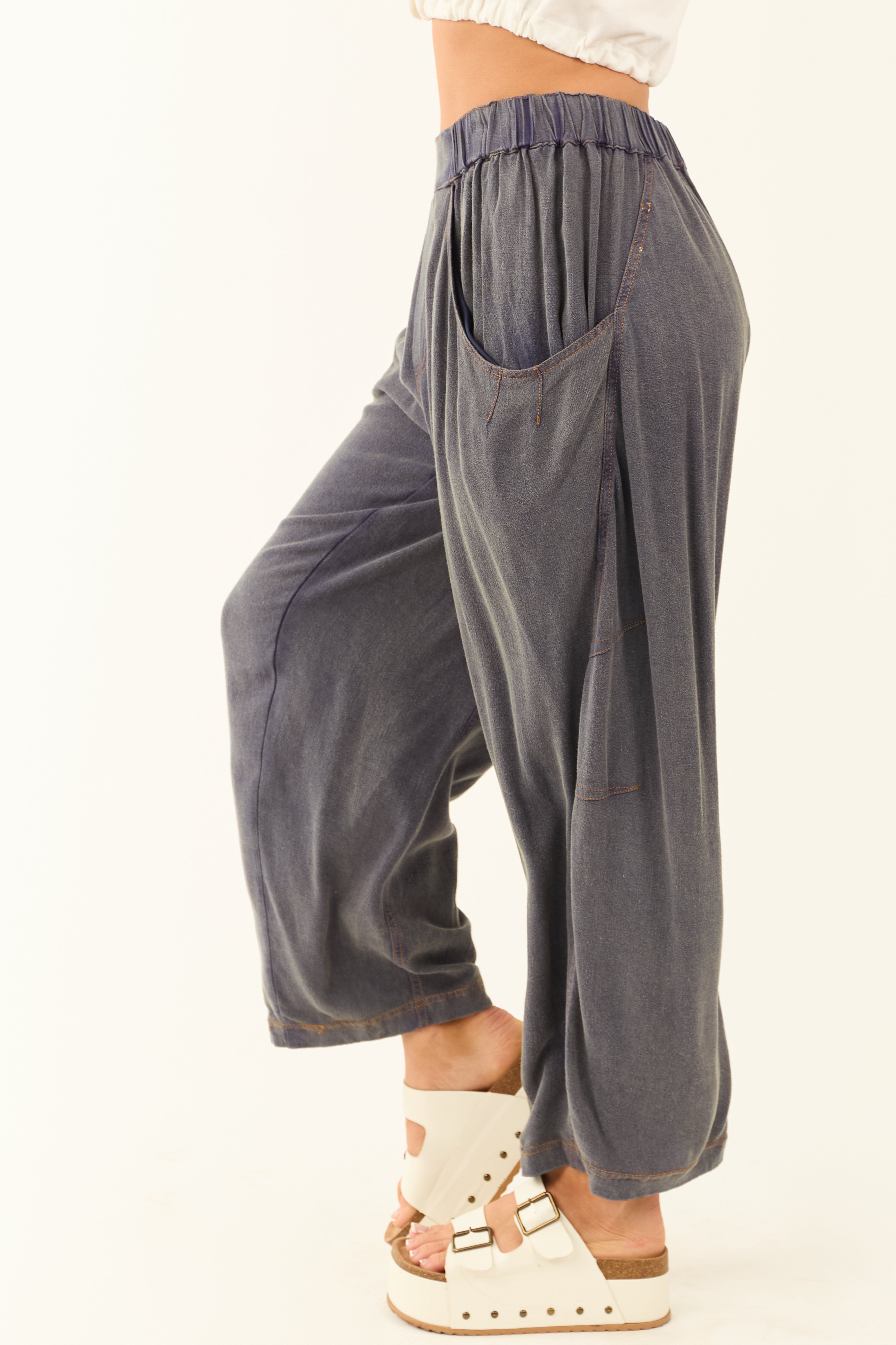 Spruce Washed Cropped Loose Linen Pants