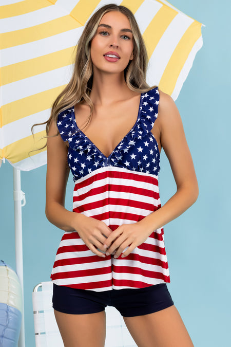 Stars and Stripes Ruffle Tankini with Bottoms