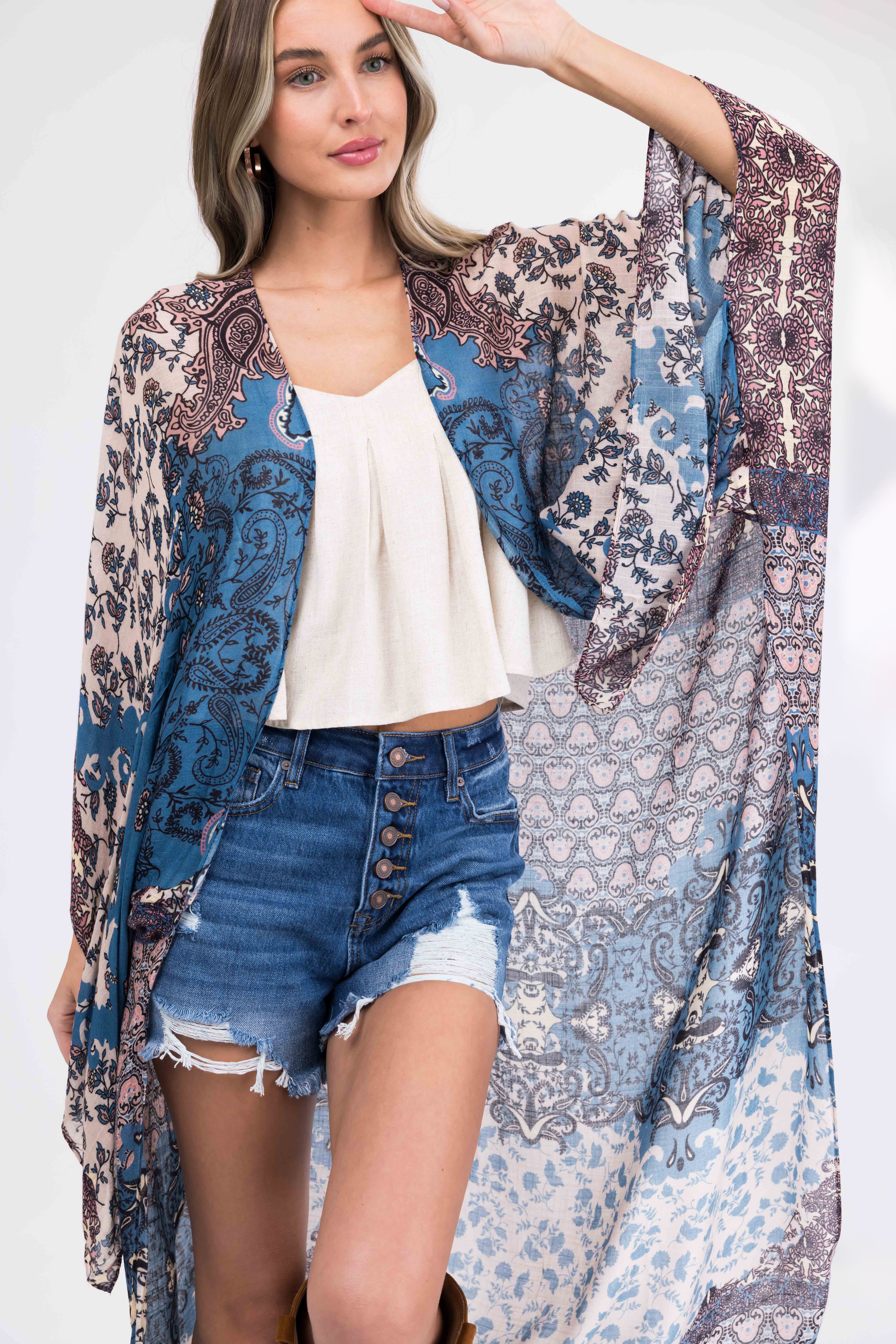 Steel Blue Abstract Floral Print Long Kimono