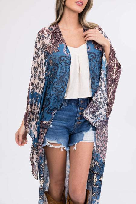 Steel Blue Abstract Floral Print Long Kimono