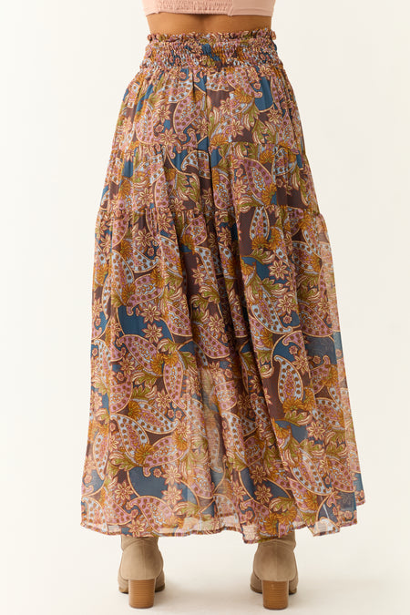 Steel Blue Abstract Floral Print Maxi Skirt