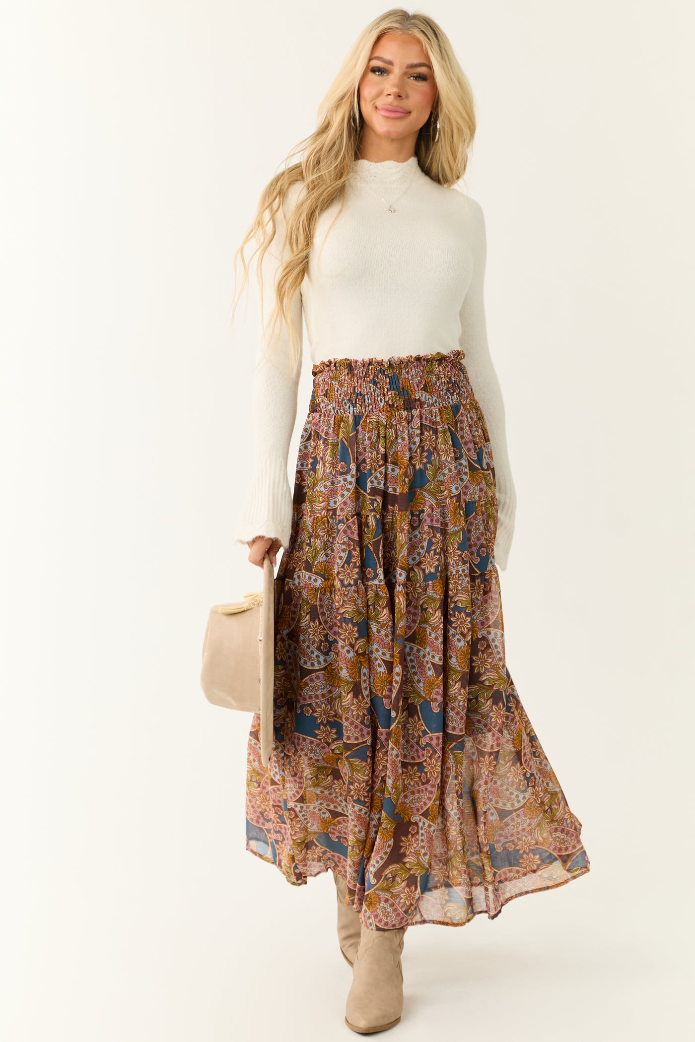 Steel Blue Abstract Floral Print Maxi Skirt