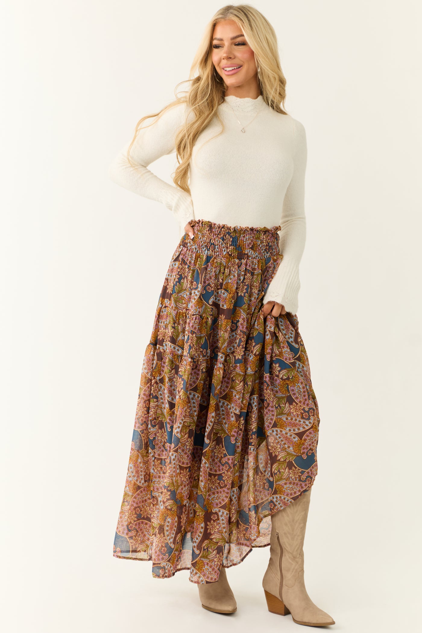 Steel Blue Abstract Floral Print Maxi Skirt