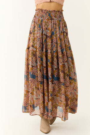 Steel Blue Abstract Floral Print Maxi Skirt