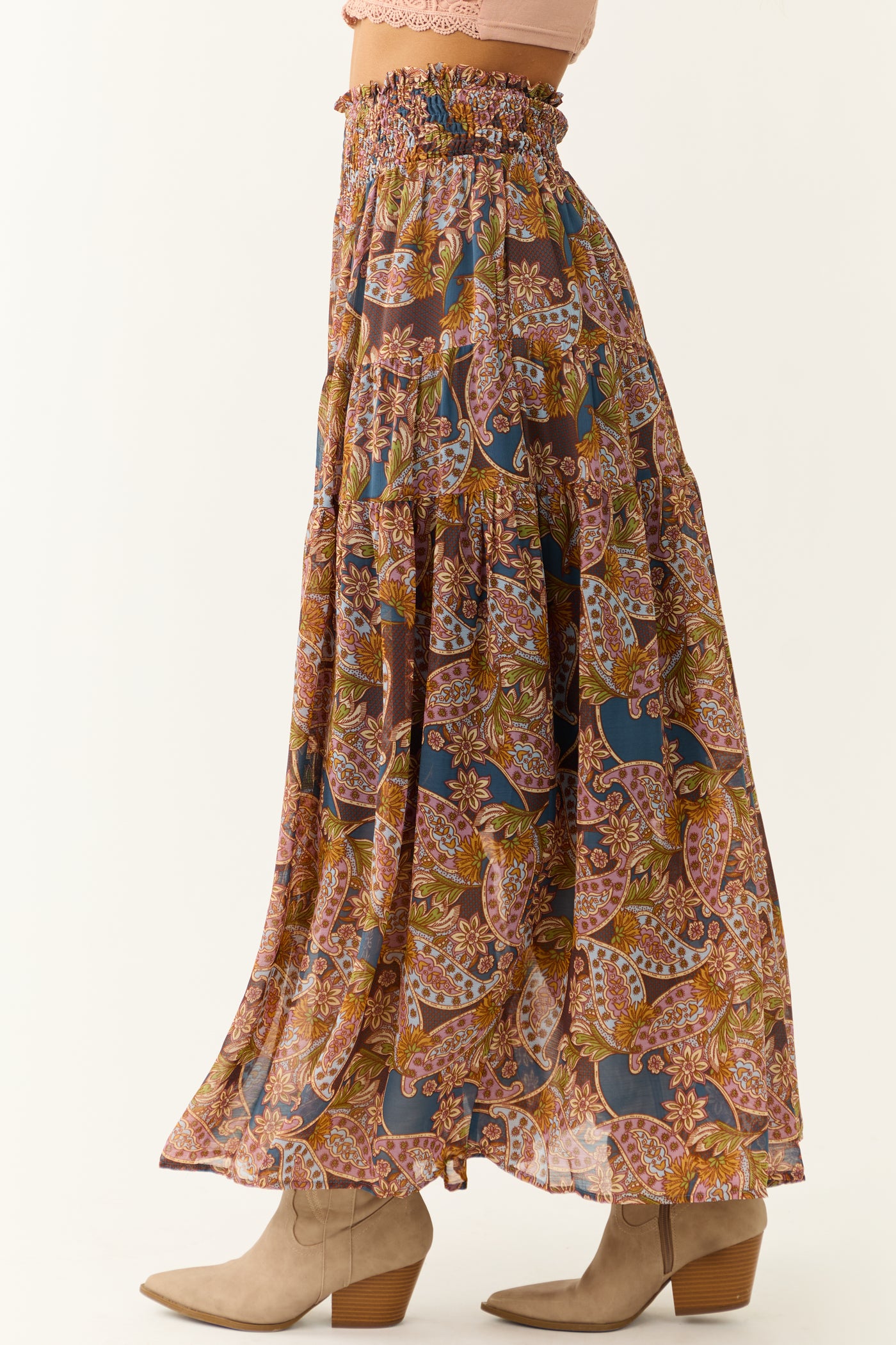 Steel Blue Abstract Floral Print Maxi Skirt