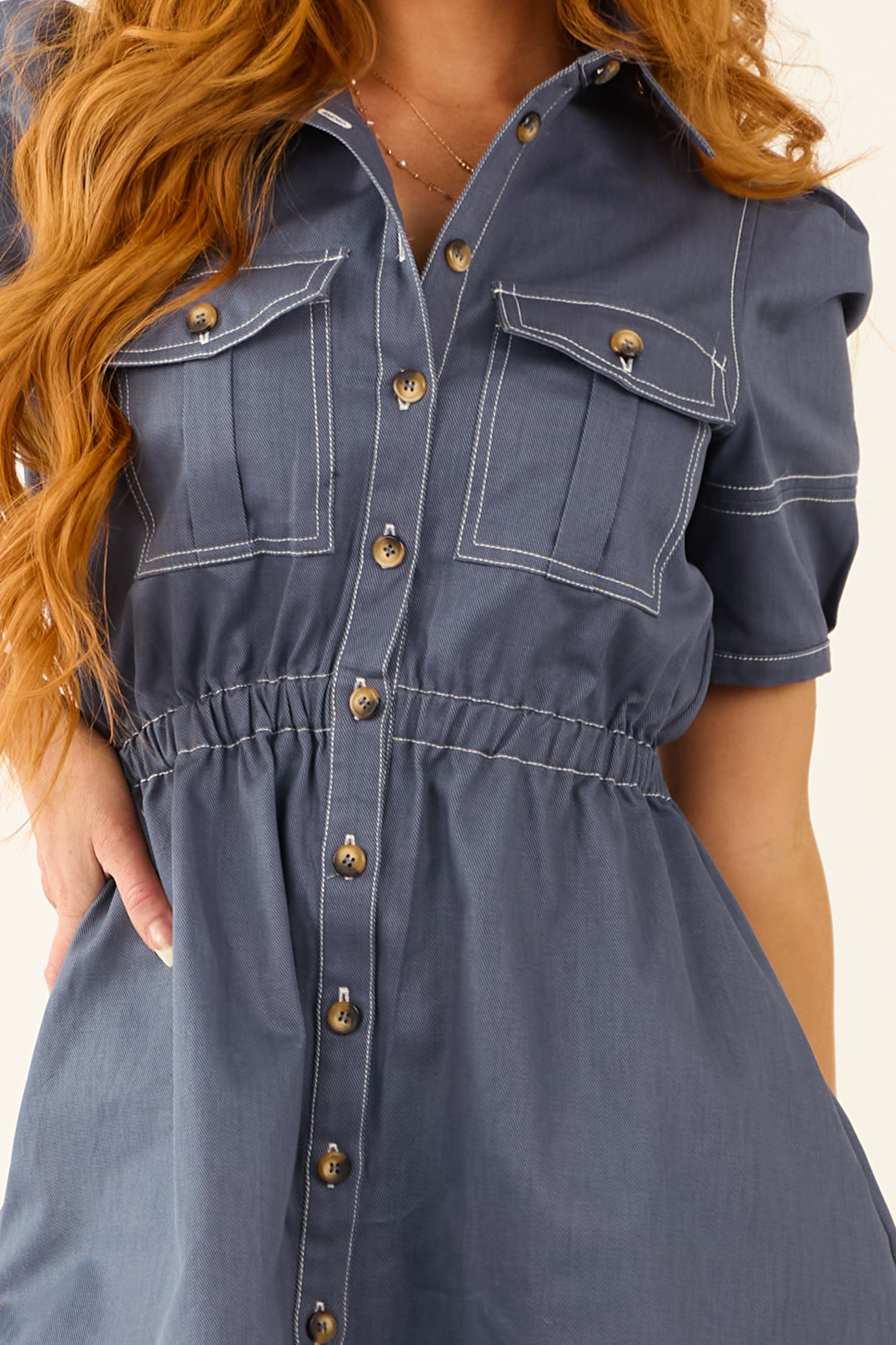 Steel Blue Denim Button Down Mini Dress