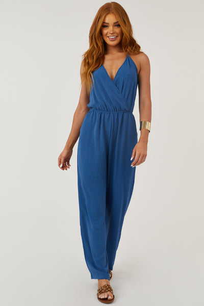 Steel Blue Open Back Jumpsuit with V Neck Tie