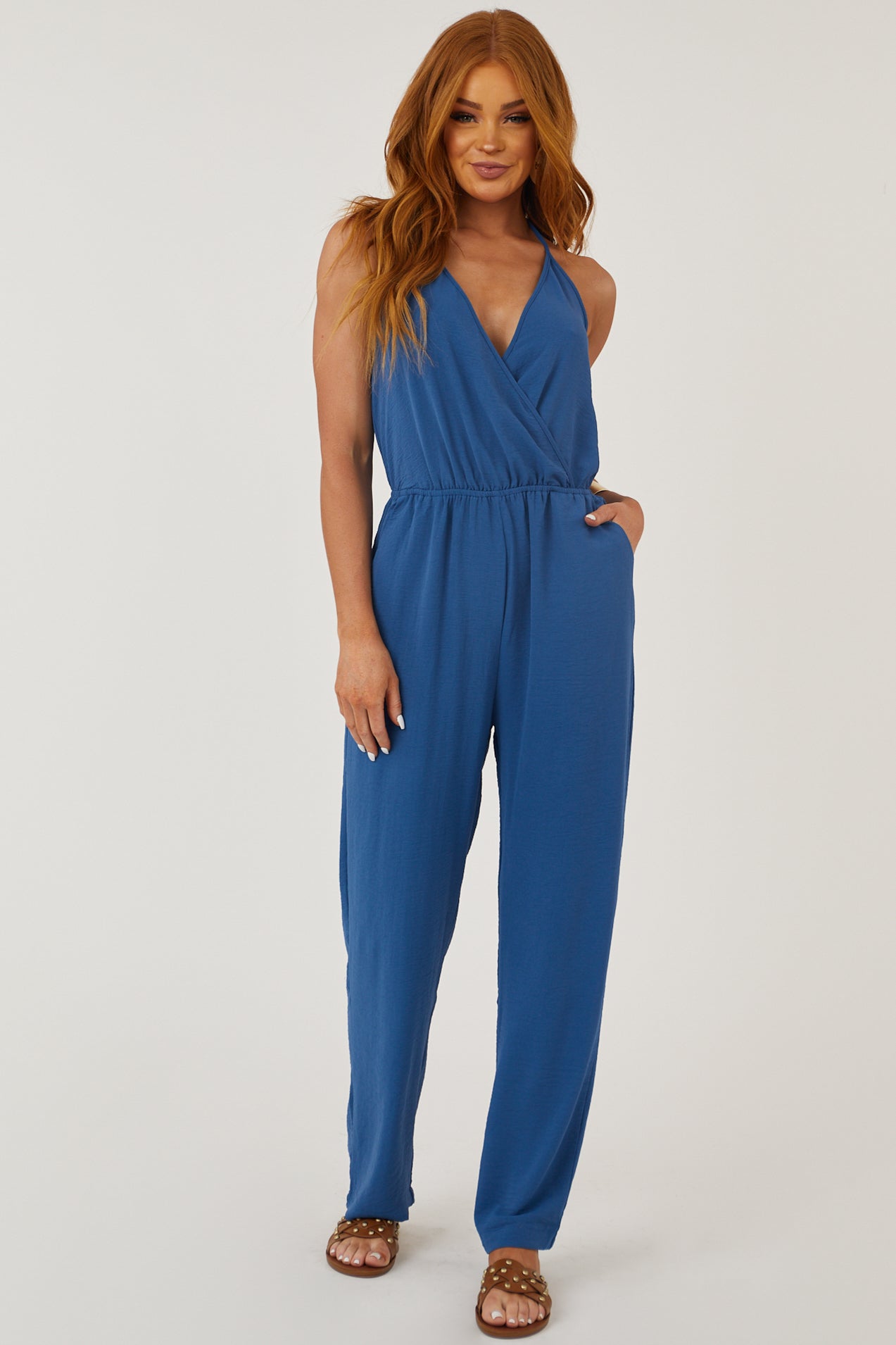 Steel Blue Open Back Jumpsuit with V Neck Tie