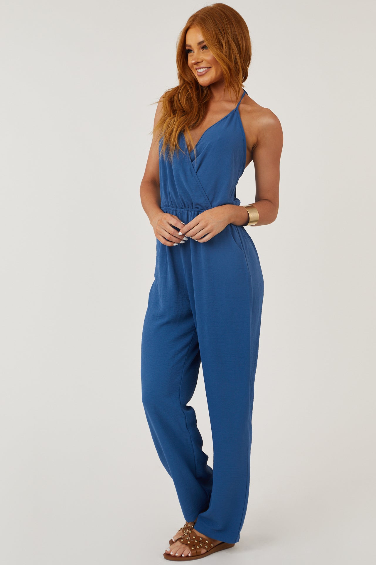 Steel Blue Open Back Jumpsuit with V Neck Tie | Lime Lush
