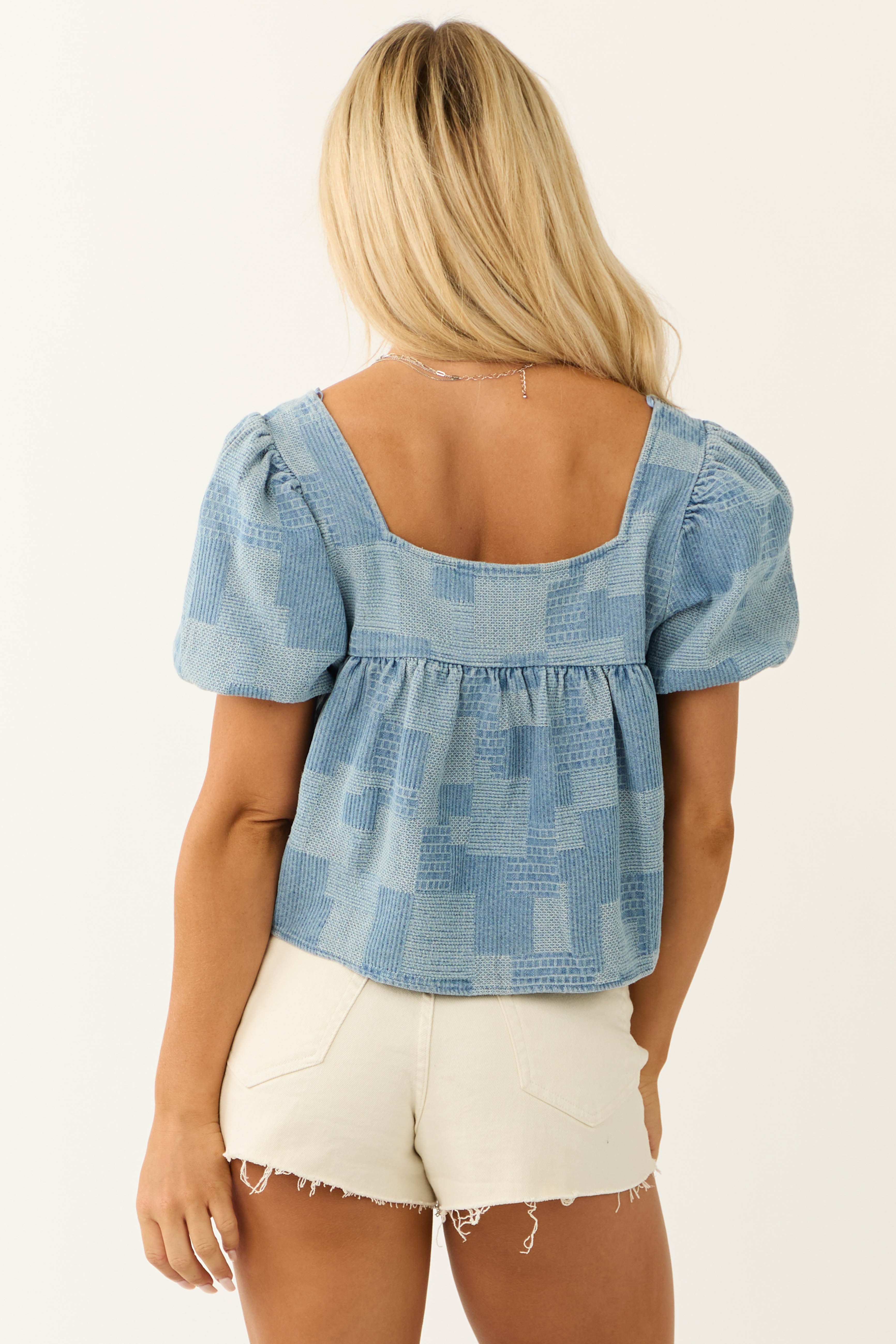 Steel Blue Patchwork Denim Square Neck Top