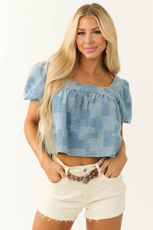 Steel Blue Patchwork Denim Square Neck Top