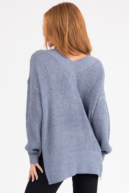 Steel Blue V Neck High Low Sweater