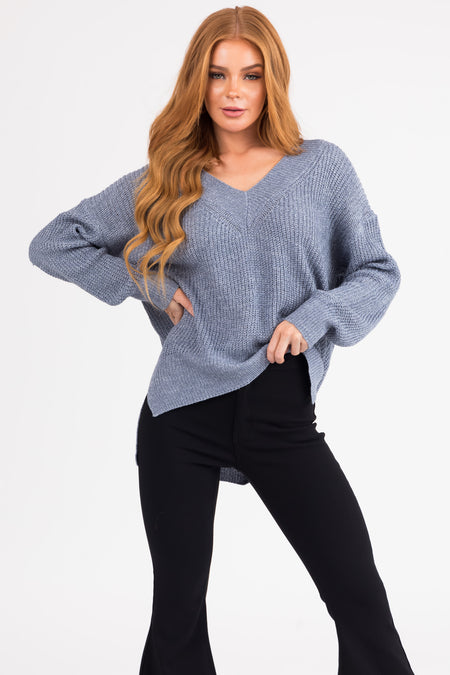 Steel Blue V Neck High Low Sweater