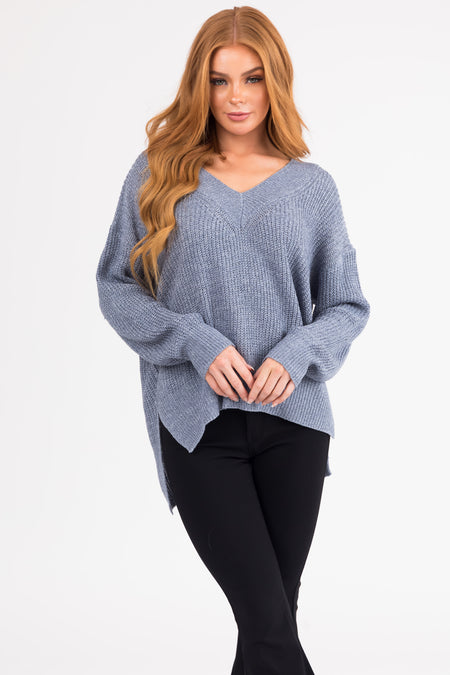 Steel Blue V Neck High Low Sweater